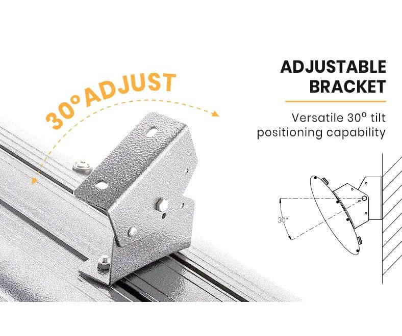 Adjustable bracket with 30° tilt positioning for versatile mounting of outdoor strip heaters.