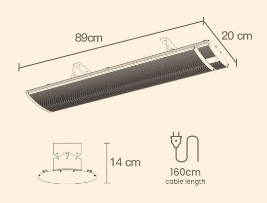 Dimensions and technical details of the BIO 1800W outdoor strip heater with cable length.