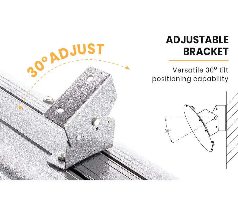 Adjustable bracket with 30-degree tilt for versatile positioning of radiant heaters.