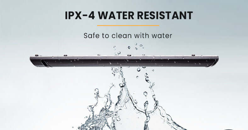 IPX-4 water resistant electric heater with water droplets, showcasing easy cleaning and maintenance features.