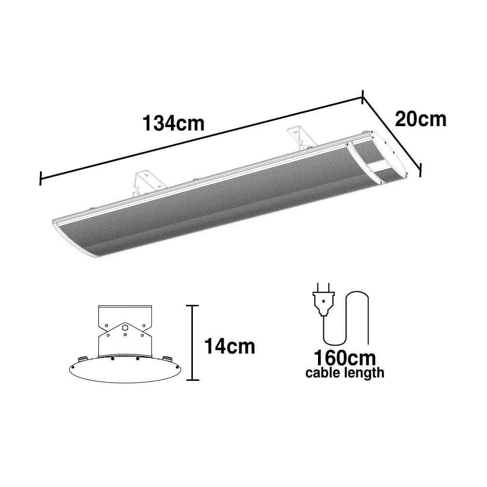 Dimensions and cable details of the BIO 2400W Outdoor Strip Heater, ideal for DIY outdoor heating.