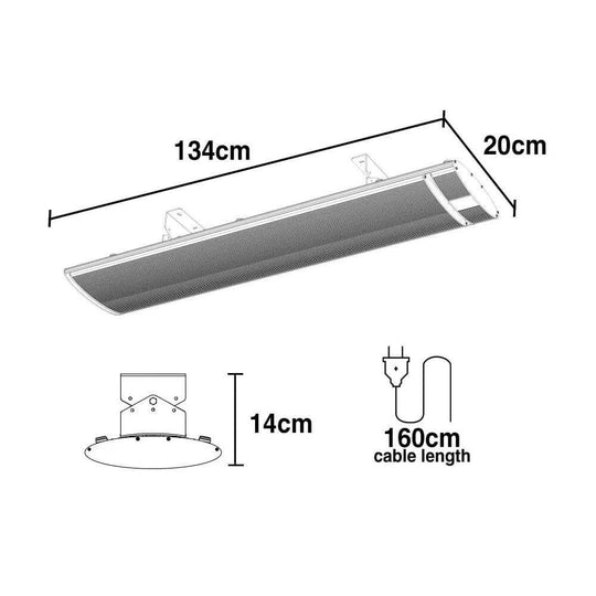 Dimensions and cable details of the BIO 2400W Outdoor Strip Heater, ideal for DIY outdoor heating.