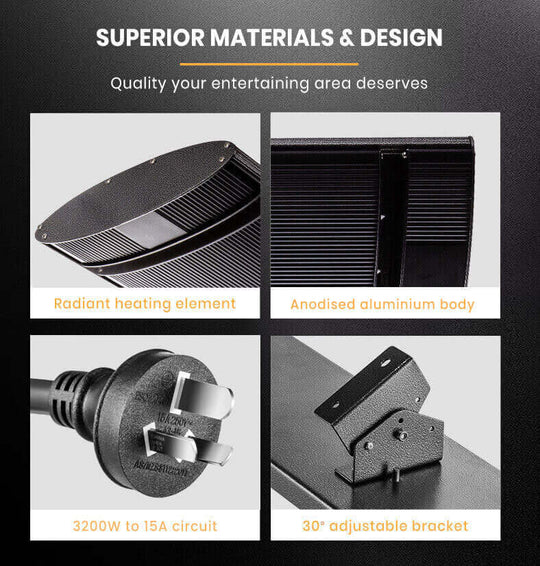 Superior materials of BIO 2400W outdoor strip heater: radiant element, anodised body, adjustable bracket, and 3200W circuit.