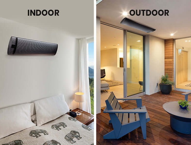 BIO 2400W strip heater shown in indoor and outdoor settings, showcasing stylish heating solutions for any space.