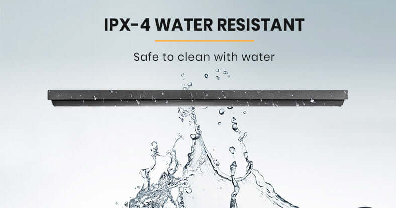 IPX-4 water-resistant electric strip heater, safe for cleaning with water, ideal for outdoor settings.