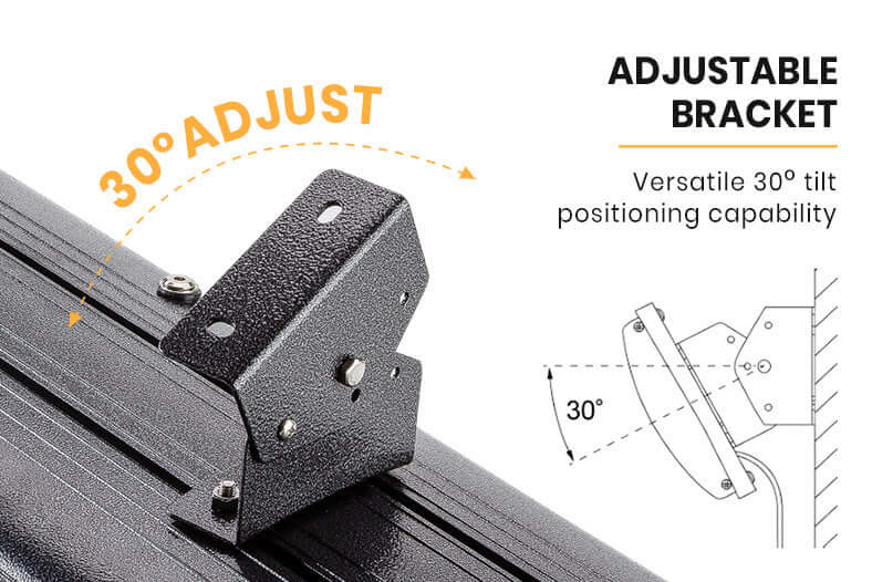 Adjustable bracket for versatile 30° tilt positioning on outdoor strip heater for optimal heating.