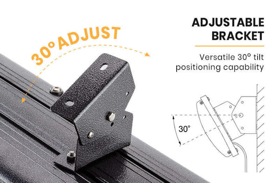 Adjustable bracket for versatile 30° tilt positioning on outdoor strip heater for optimal heating.