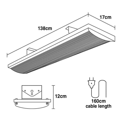 Technical drawing of BIO 2400W outdoor strip heater, dimensions, and cable information.