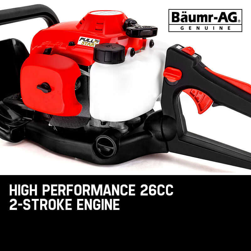 Baumr-AG 26cc 2-stroke engine with pull start mechanism for powerful hedge trimming performance.