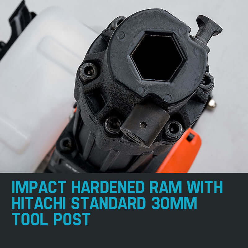 Close-up of impact hardened ram featuring Hitachi standard 30mm tool post, showcasing durability and precision for power tools.