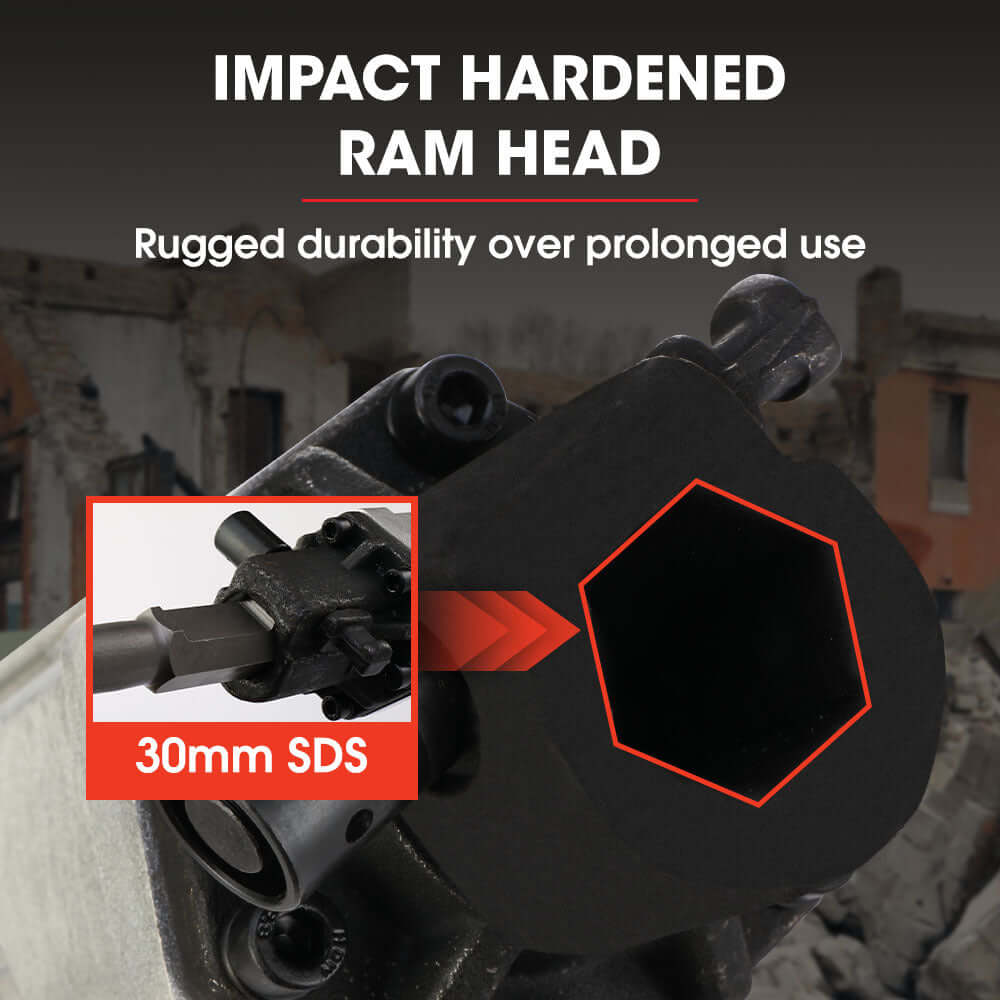 Impact hardened ram head for durable, high-performance use in demolition tasks, featuring 30mm SDS compatibility.