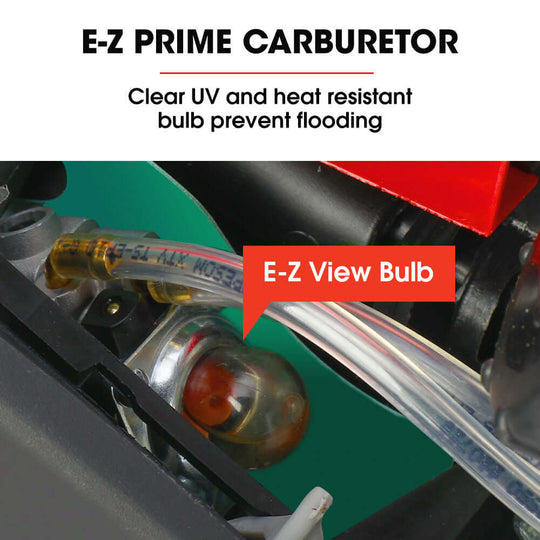 E-Z Prime Carburetor with clear UV and heat-resistant bulb, designed to prevent flooding during operation.