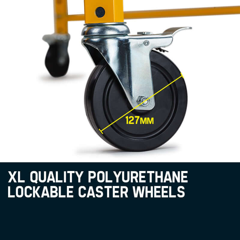 Close-up of XL quality polyurethane lockable caster wheels, 127mm, designed for Baumr-AG mobile scaffolding.