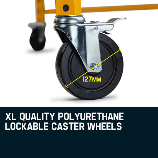 Close-up of XL quality polyurethane lockable caster wheels, 127mm, designed for Baumr-AG mobile scaffolding.