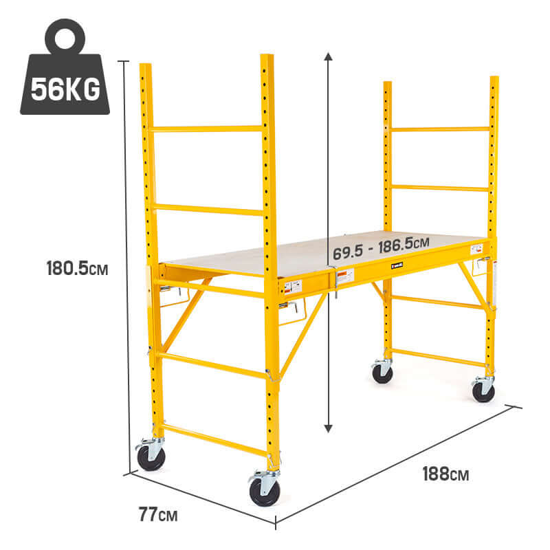 Baumr-AG mobile scaffold dimensions showing height, width, weight, and design for affordable DIY projects.