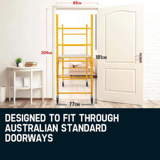 Mobile scaffold designed to fit through Australian standard doorways, with dimensions shown for easy reference.