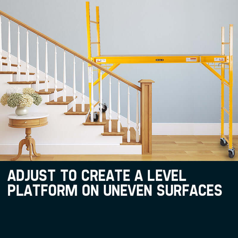 Adjustable mobile scaffold on stairs, perfect for creating a stable platform on uneven surfaces for DIY and professional use.