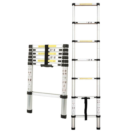 Telescopic aluminium ladder in compact and extended positions, perfect for affordable DIY projects and quality home improvements.