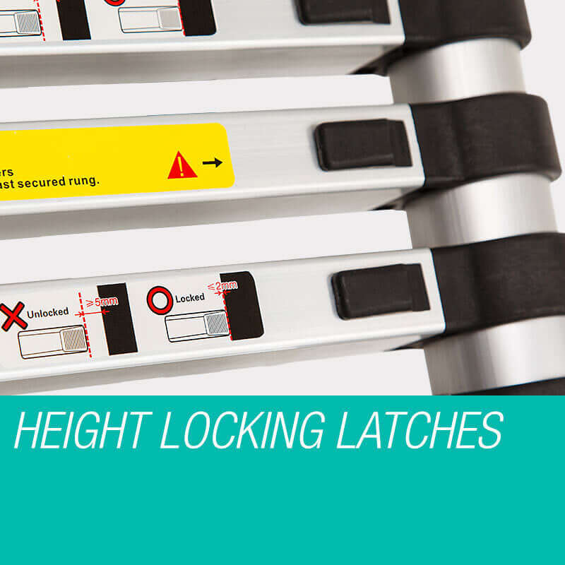 Close-up of height locking latches on a Bullet telescopic aluminium ladder, emphasizing safety and quality.