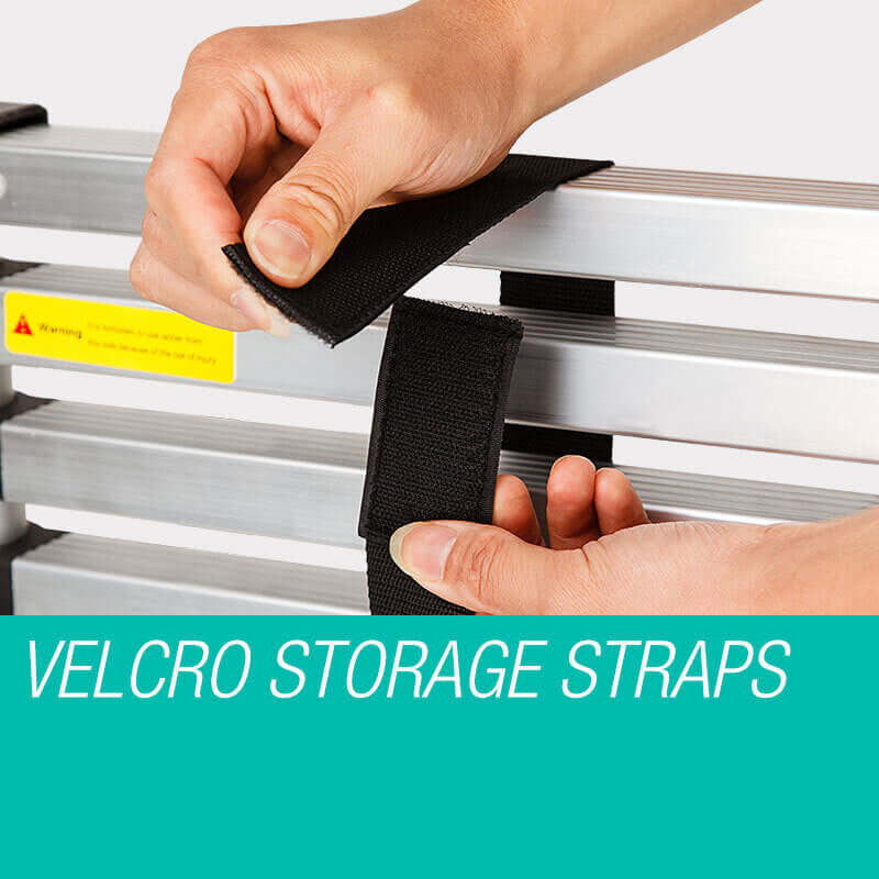 Person securing Velcro storage straps on an aluminium ladder for easy organization and transport.