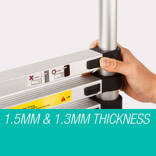 Close-up of Bullet telescopic ladder showing 1.5mm and 1.3mm thickness for quality and durability in DIY projects.