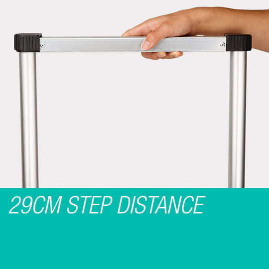 Hand demonstrating 29cm step distance on a Bullet telescopic aluminium ladder.