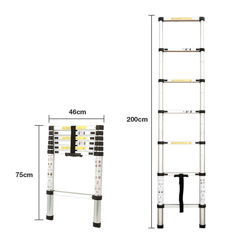 Bullet 2m telescopic aluminium ladder, lightweight and extendable, ideal for DIY projects, 75cm storage height, 200cm extended.