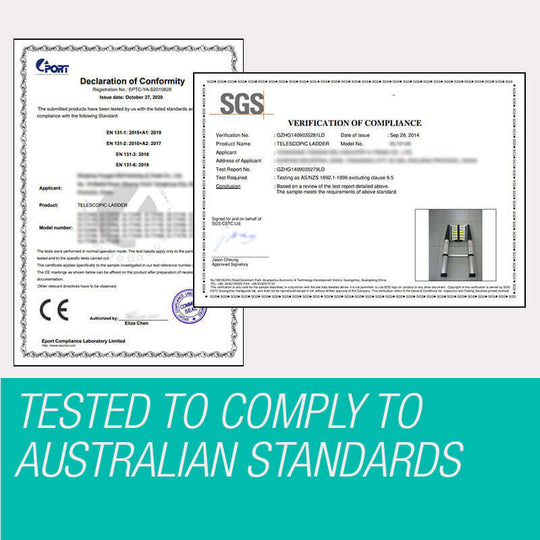 Certificates indicating compliance with Australian standards for telescopic ladders.