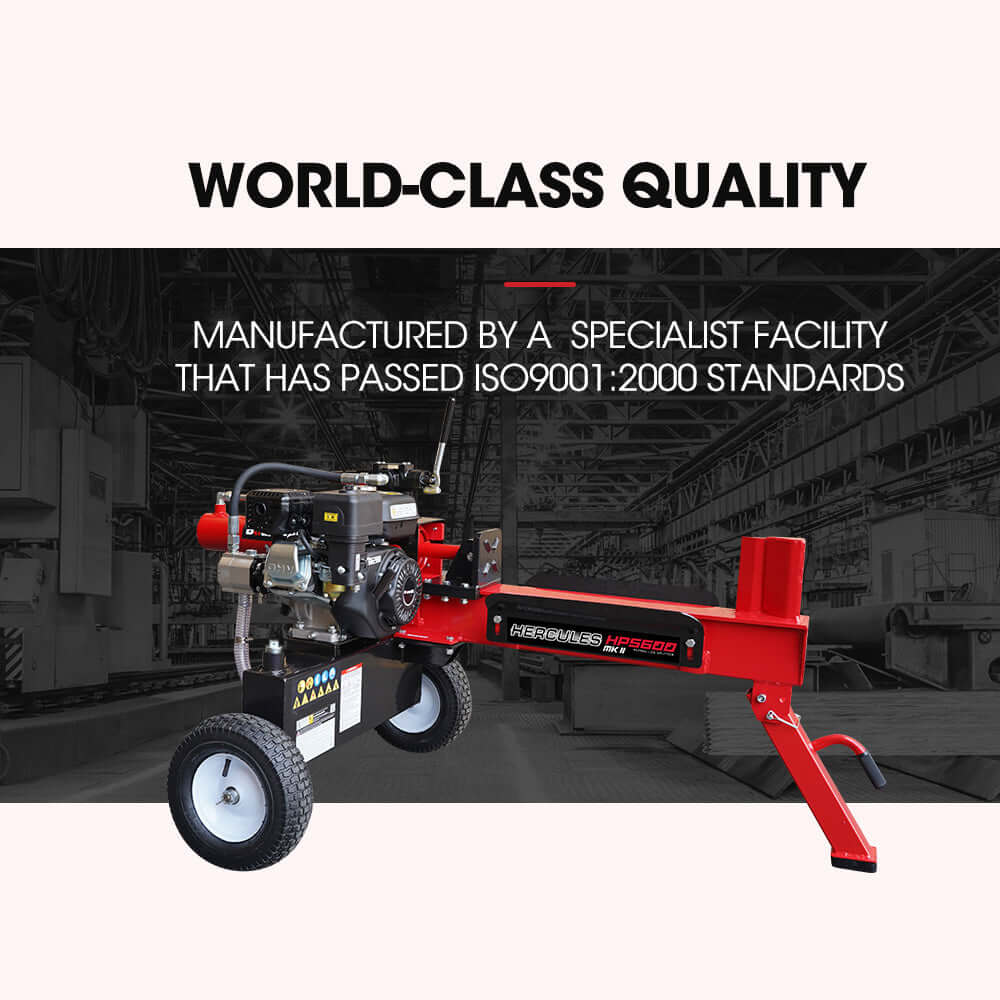 Baumr-AG HPS600 Log Splitter showcasing world-class quality and ISO9001:2000 certification in a professional facility.