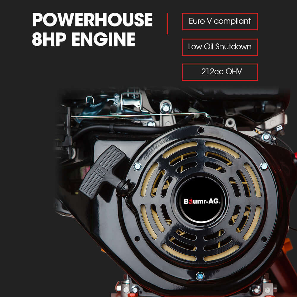 Baumr-AG 8HP petrol engine features Euro V compliance, low oil shutdown, and 212cc OHV efficiency.