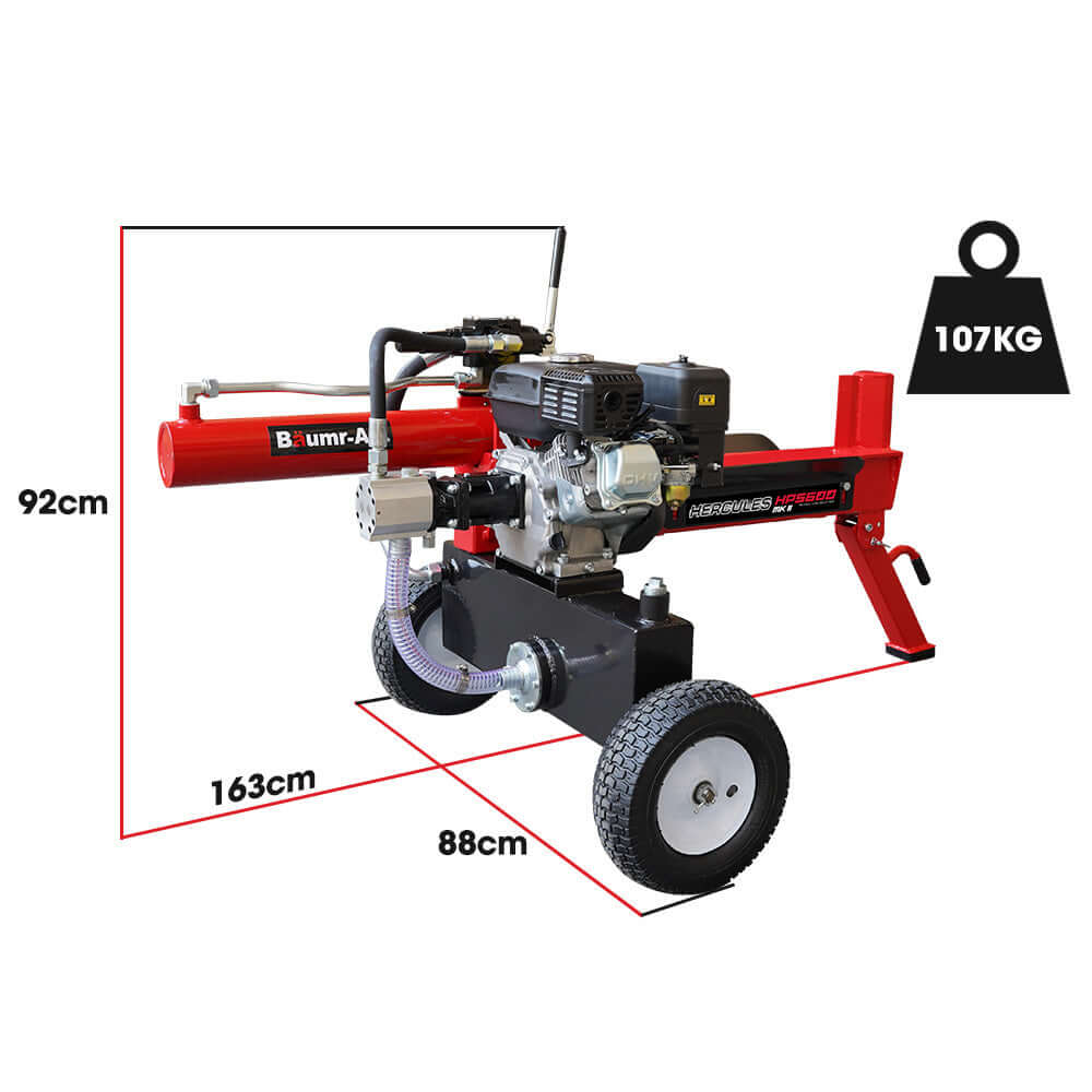 Baumr-AG 20 Tonne Log Splitter dimensions diagram showing length 163cm, width 88cm, height 92cm, and weight 107kg.