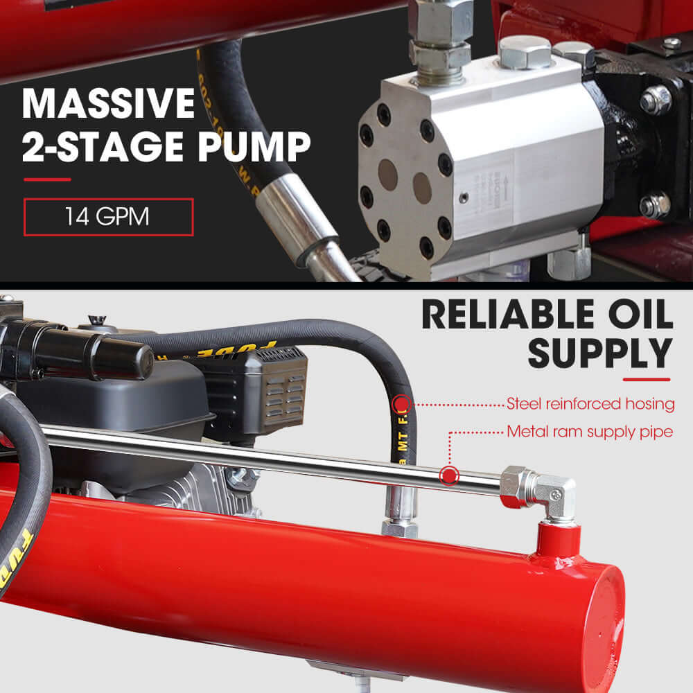 Close-up of Baumr-AG log splitter's massive 2-stage pump and reliable oil supply system.