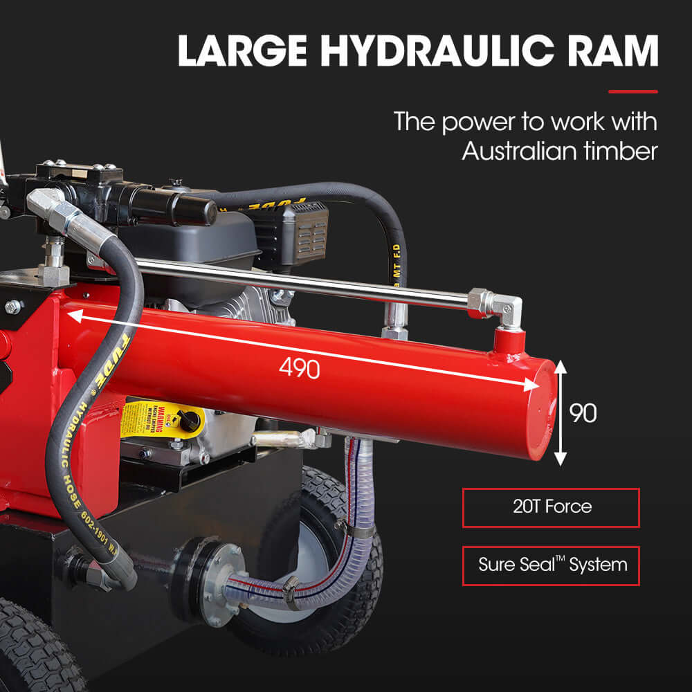 Baumr-AG log splitter with a large hydraulic ram, 20-ton force, designed for effective wood cutting in Australia.