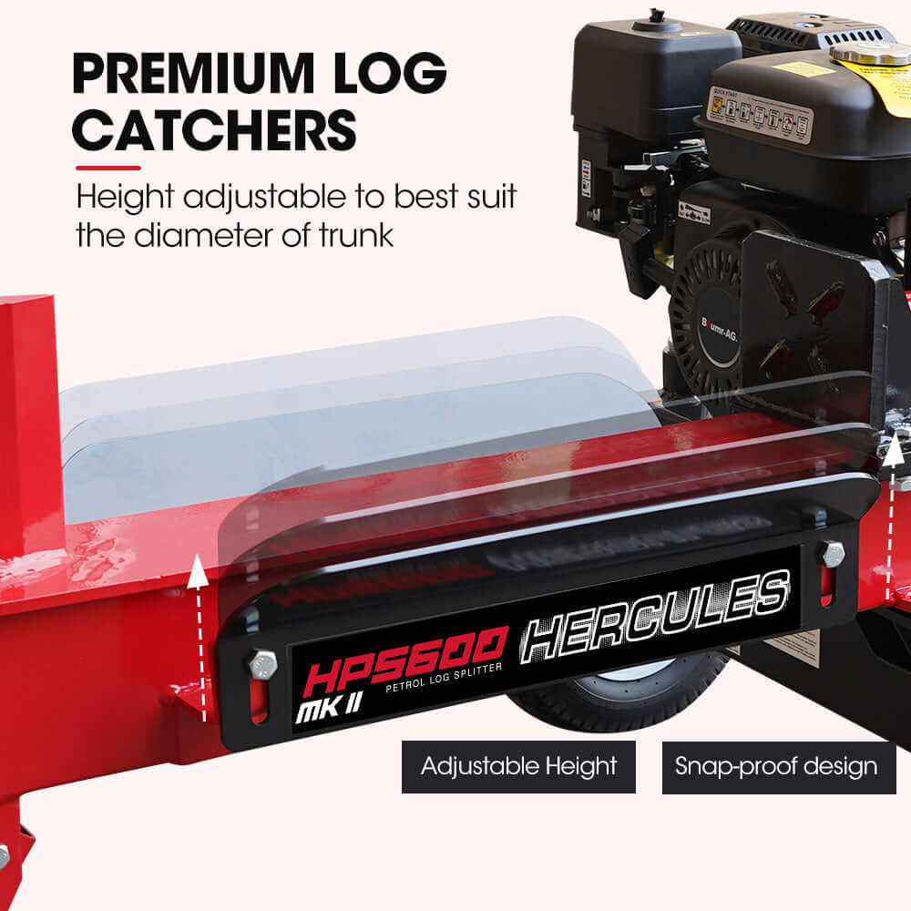 Baumr-AG HPS600 MkII log splitter with adjustable height log catchers for easy wood cutting.