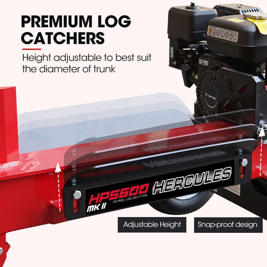 Baumr-AG HPS600 MkII log splitter with adjustable height log catchers for easy wood cutting.