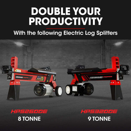 Baumr-AG electric log splitters: HP52600E 8 tonne and HP53200E 9 tonne for efficient firewood preparation.