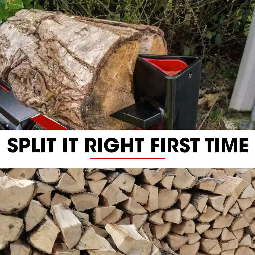 Log ready for splitting with Baumr-AG log splitter, showing split firewood below. Affordable quality for DIY firewood preparation.