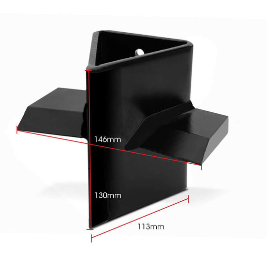 Baumr-AG 4-way wood splitting wedge showcasing dimensions, compatible with 8 & 9 tonne electric log splitters, durable black finish.