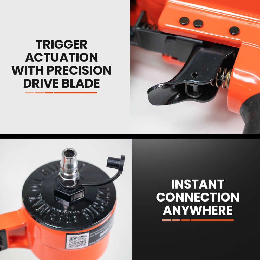 Close-up of the UNIMAC CB300 nail gun's trigger actuation and instant air connection feature.