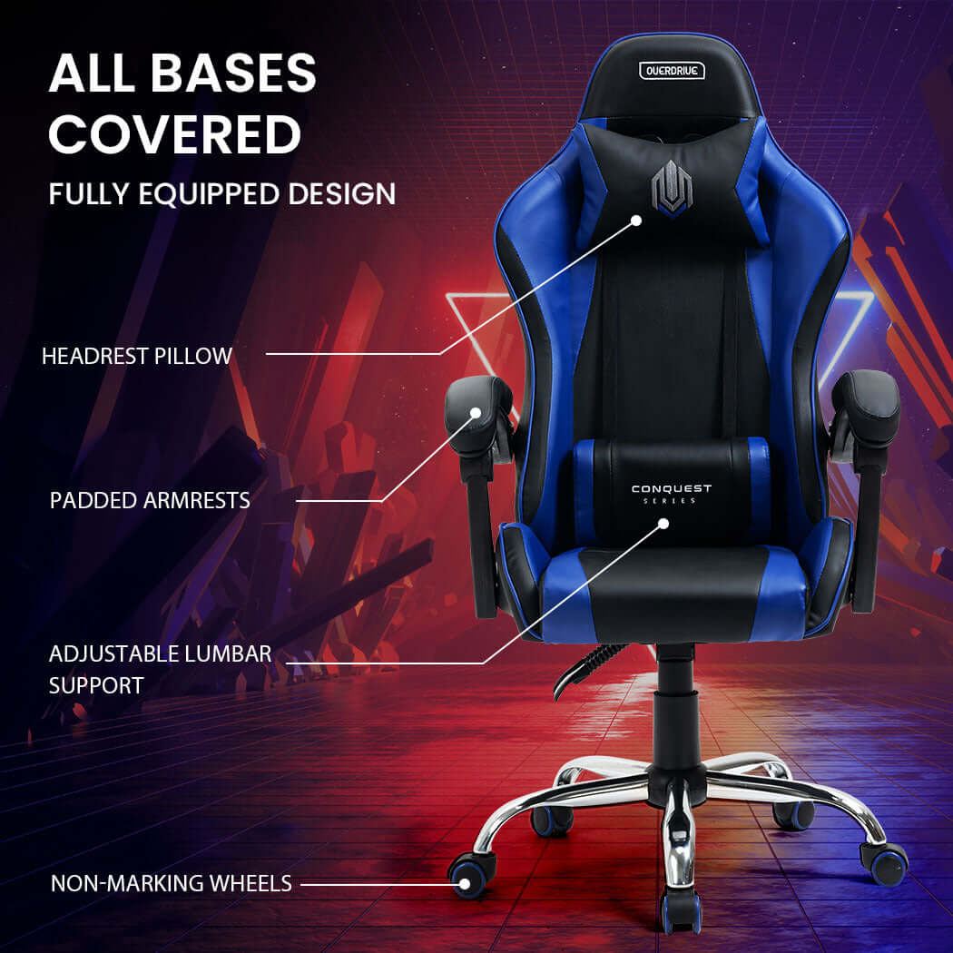 DSZ Product, feed-cond-new, feed-sl-DSZ Freight Payable, newOverdrive Conquest Series Reclining Gaming Ergonomic Office Chair With Lumbar And Neck Pillows, Black And Blue - Premium Furniture > Bar Stools & Chairs > Gaming Chairs from Overdrive ! Shop Online Buy Now at S & D's Value Store Family Business Best Customer ServiceDSZ Product, feed-cond-new, feed-sl-DSZ Freight Payable, new