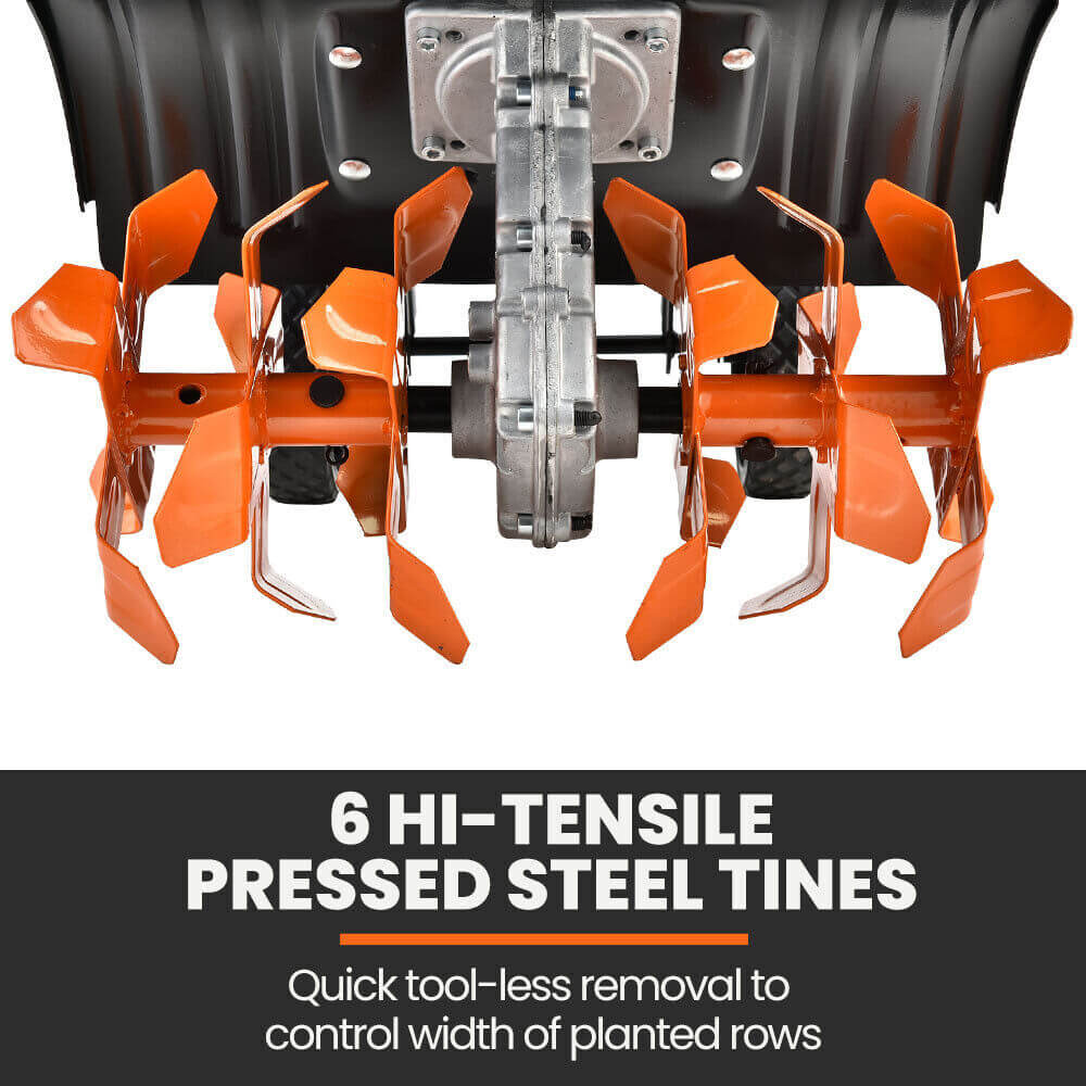 Close-up of 6 hi-tensile pressed steel tines on PLANTCRAFT 46CC cultivator for easy width control.