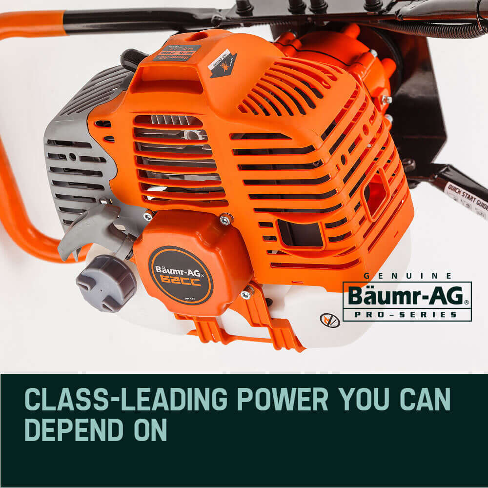 Baumr-AG 62cc post hole digger engine showcasing affordable, quality power for DIY and professional use.