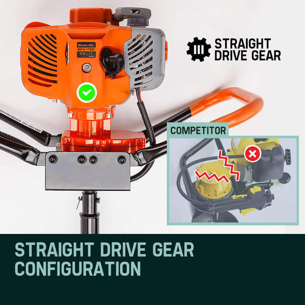 Baumr-AG post hole digger showcasing straight drive gear configuration, highlighting superior design compared to competitors.