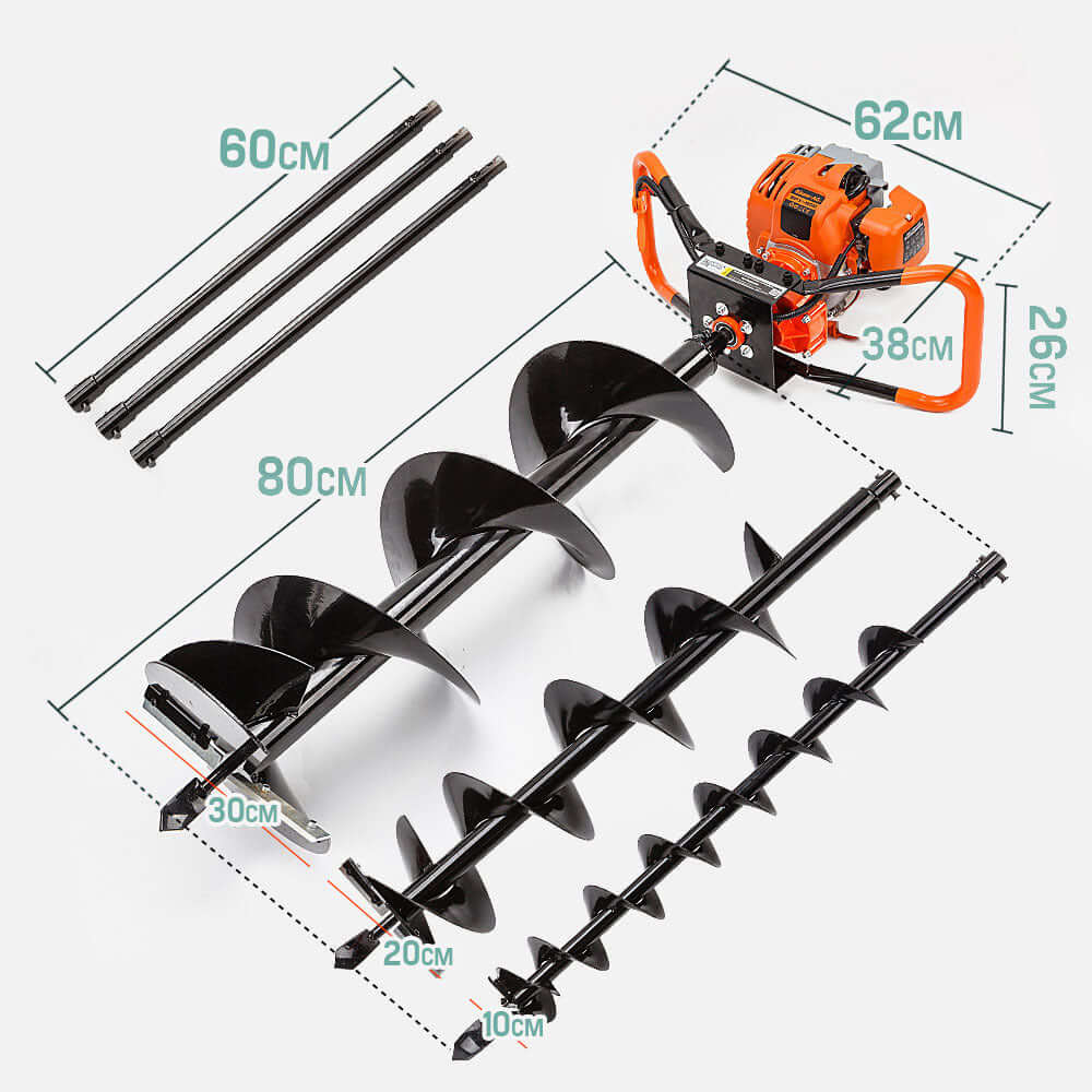 Baumr-AG 75cc post hole digger with different drill bits and dimensions for easy ground drilling and fencing.