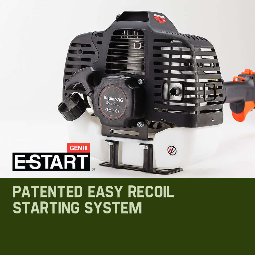 Baumr-AG patented E-Start system for easy recoil starting in a 65CC pole chainsaw.