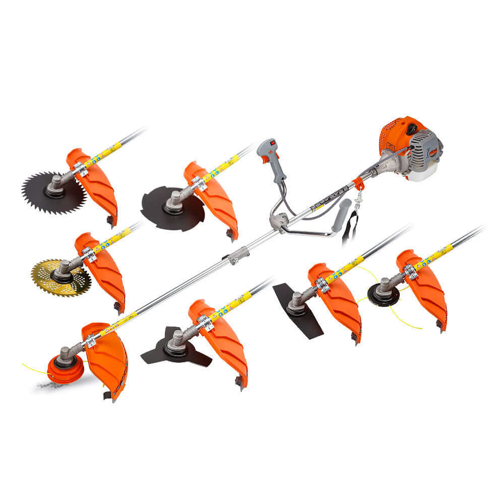 MTM 62CC Brush Cutter with multiple attachments for trimming, edging, and cutting, ideal for quality DIY garden maintenance.