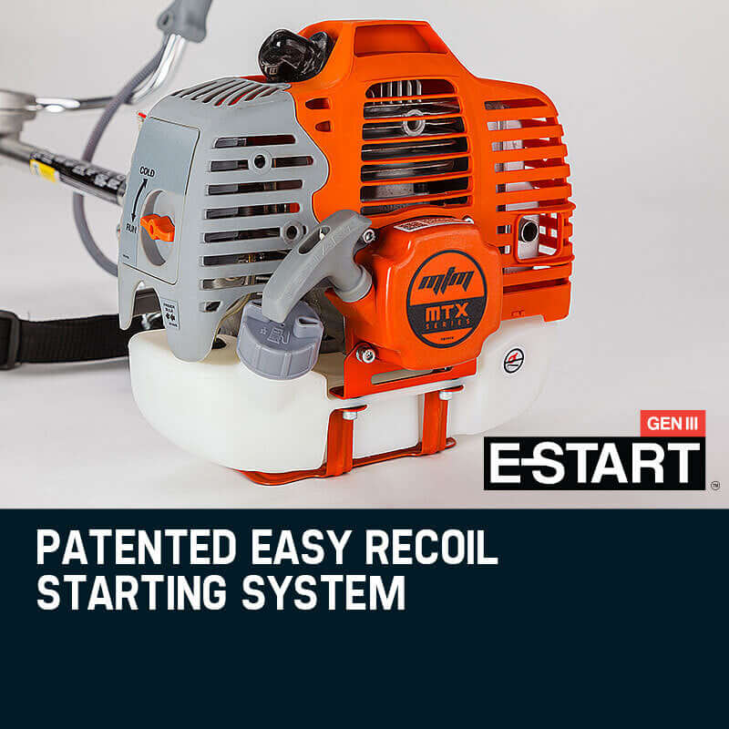 MTM 62cc brush cutter engine showcasing patented E-Start system for easy recoil start, perfect for quality garden maintenance.