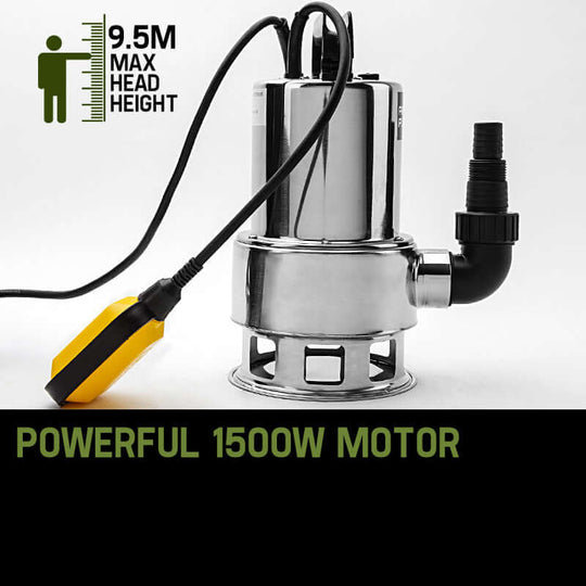 Protege 1500W submersible dirty water pump with max head height of 9.5m, ideal for affordable DIY solutions.