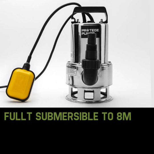 Protege 1500W submersible dirty water pump with yellow float switch for DIY garden and household use.