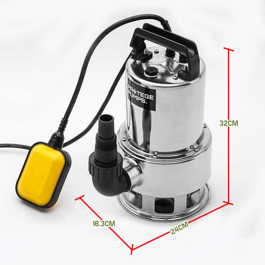 Protege 1500W Submersible Dirty Water Pump with automatic float switch, measuring 32cm height and 24cm width.